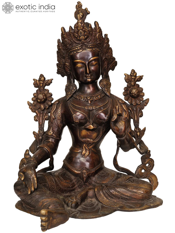 15" Tibetan Buddhist Deity Green Tara In Brass | Handmade | Made In India