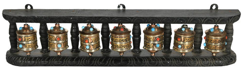Seven Tibetan Buddhist Prayer Wheels Brass Stand Statue