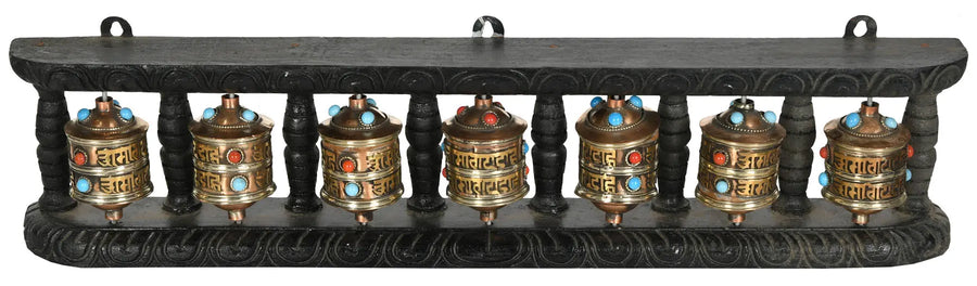 Seven Tibetan Buddhist Prayer Wheels Brass Stand Statue