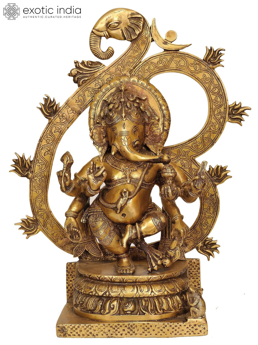 16" Six-Armed Ganesha Brass Idol with AUM Symbol