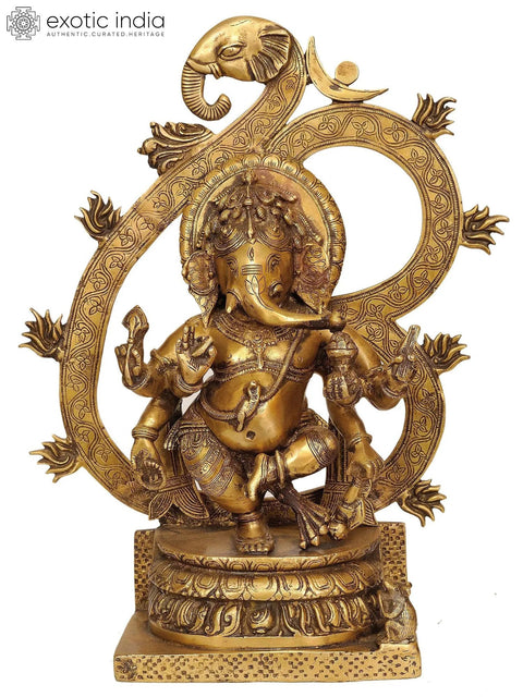 16" Six-armed Ganesha Enshrining the Cosmic Syllable AUM | Handmade Brass Idol