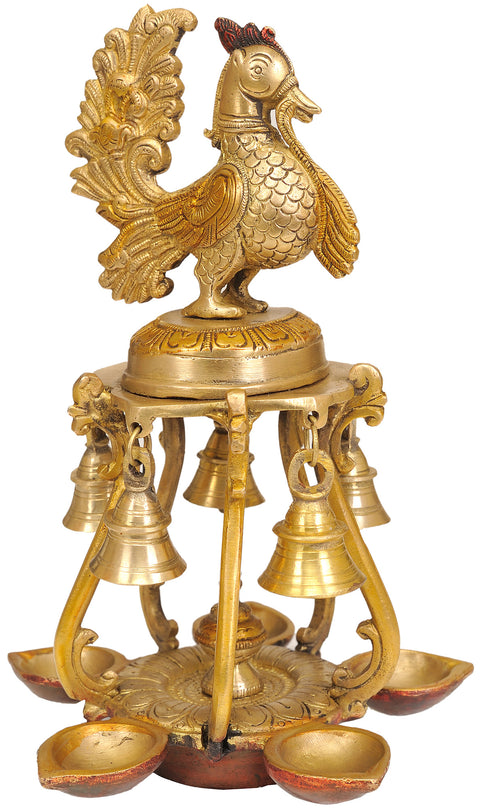 9" Peacock Lamp with Diyas and Hanging Bells in Brass | Handmade | Made in India