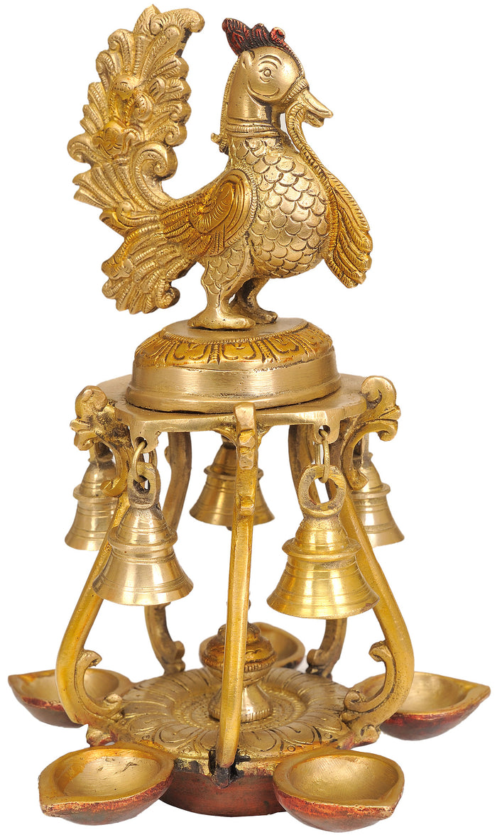9" Handmade Brass Peacock Lamp with Diyas and Bells