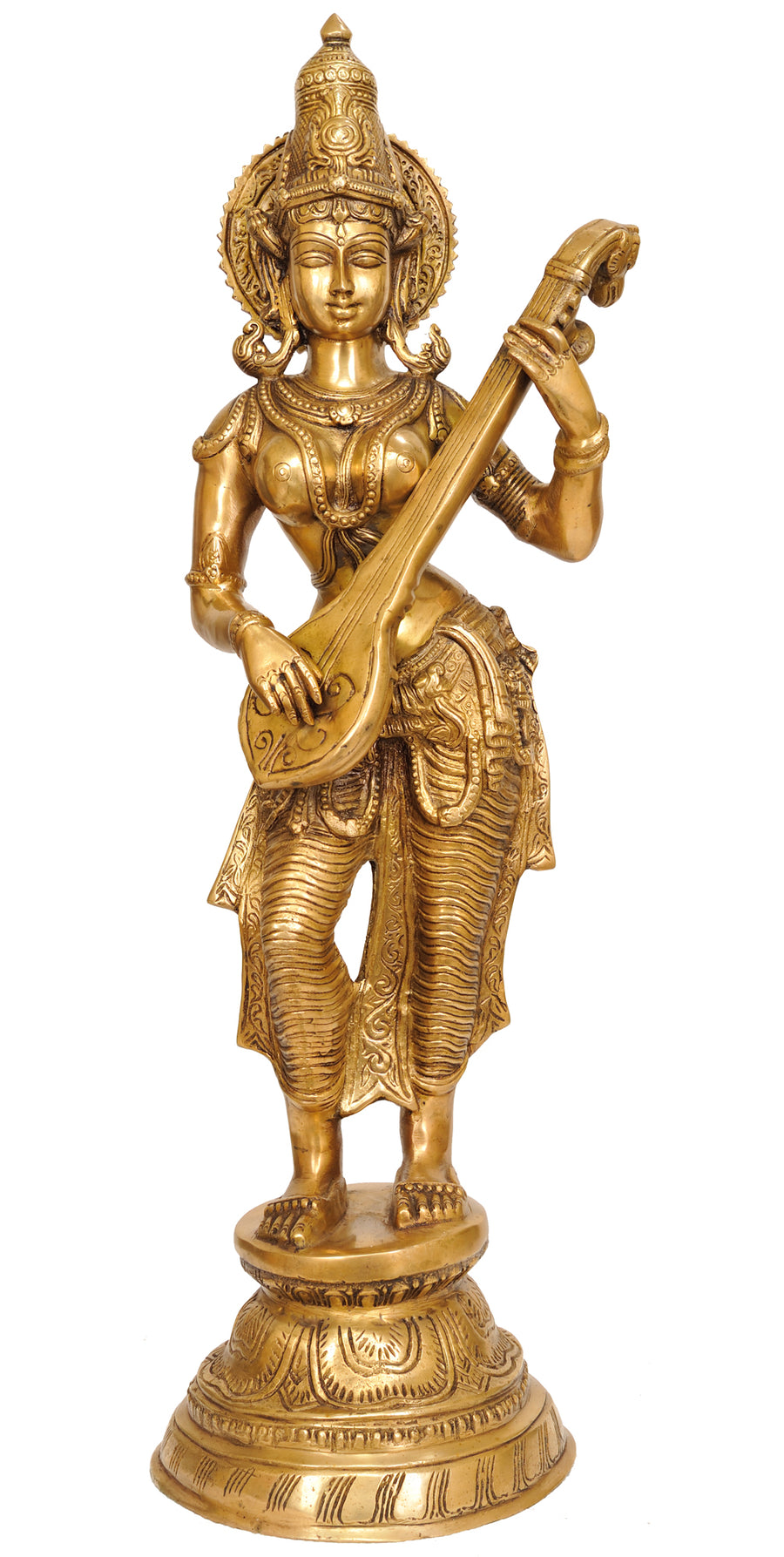 28" Devi Saraswati Playing Veena Brass Statue Handmade