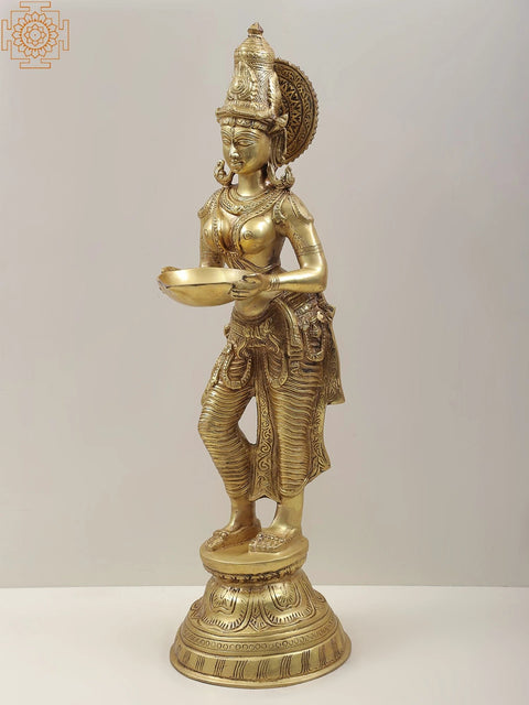 28" Deeplakshmi - Auspicious Lakshmi with Lamp in Brass | Handmade | Made in India