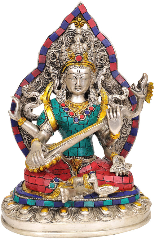 9" Goddess Saraswati Inlay Brass Statue Handmade