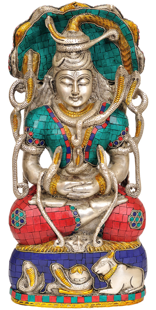 14" Meditating Shiva Under Serpent Brass Inlay Statue Handmade