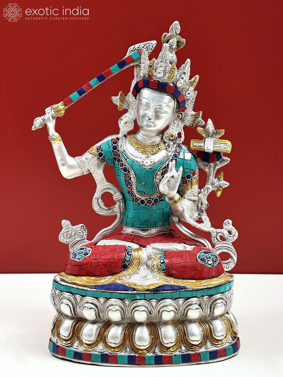 14" Manjushri Bodhisattva Brass Statue Handmade Tibetan Buddhist Idol