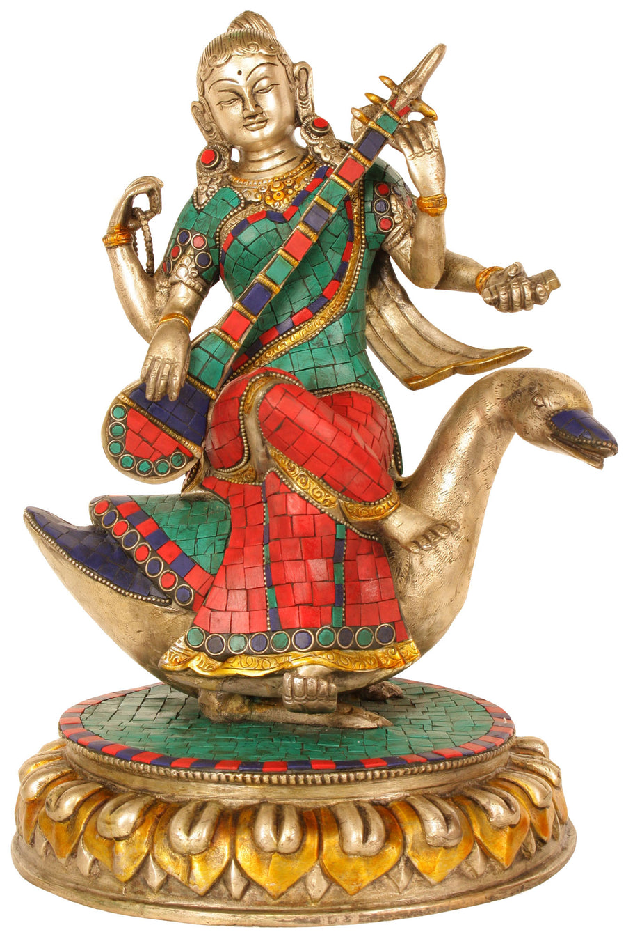 13" Brass Goddess Saraswati Statue with Swan and Veena Handmade