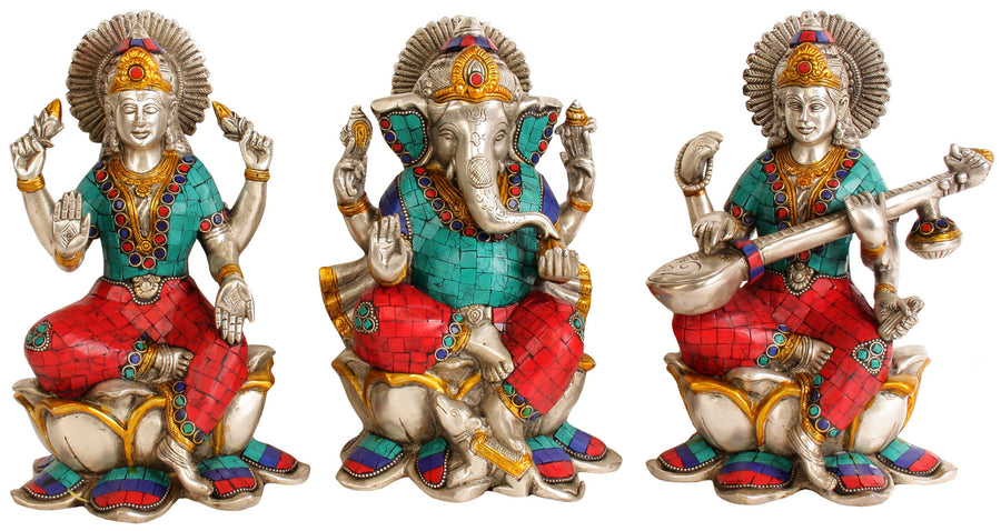 9" Lakshmi Ganesha Saraswati Brass Statue Set Handmade