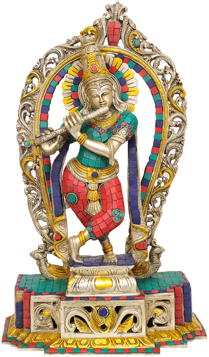 16" Krishna with Aureole Brass Statue Handmade