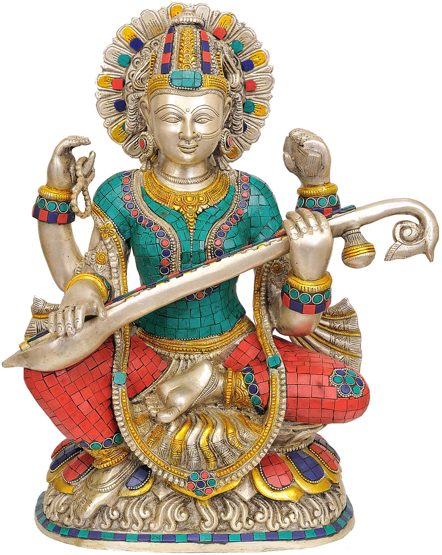16" Brass Goddess Saraswati Playing Veena Handmade Statue