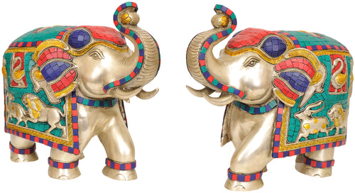 Pair of Elephant Brass Inlay Statue