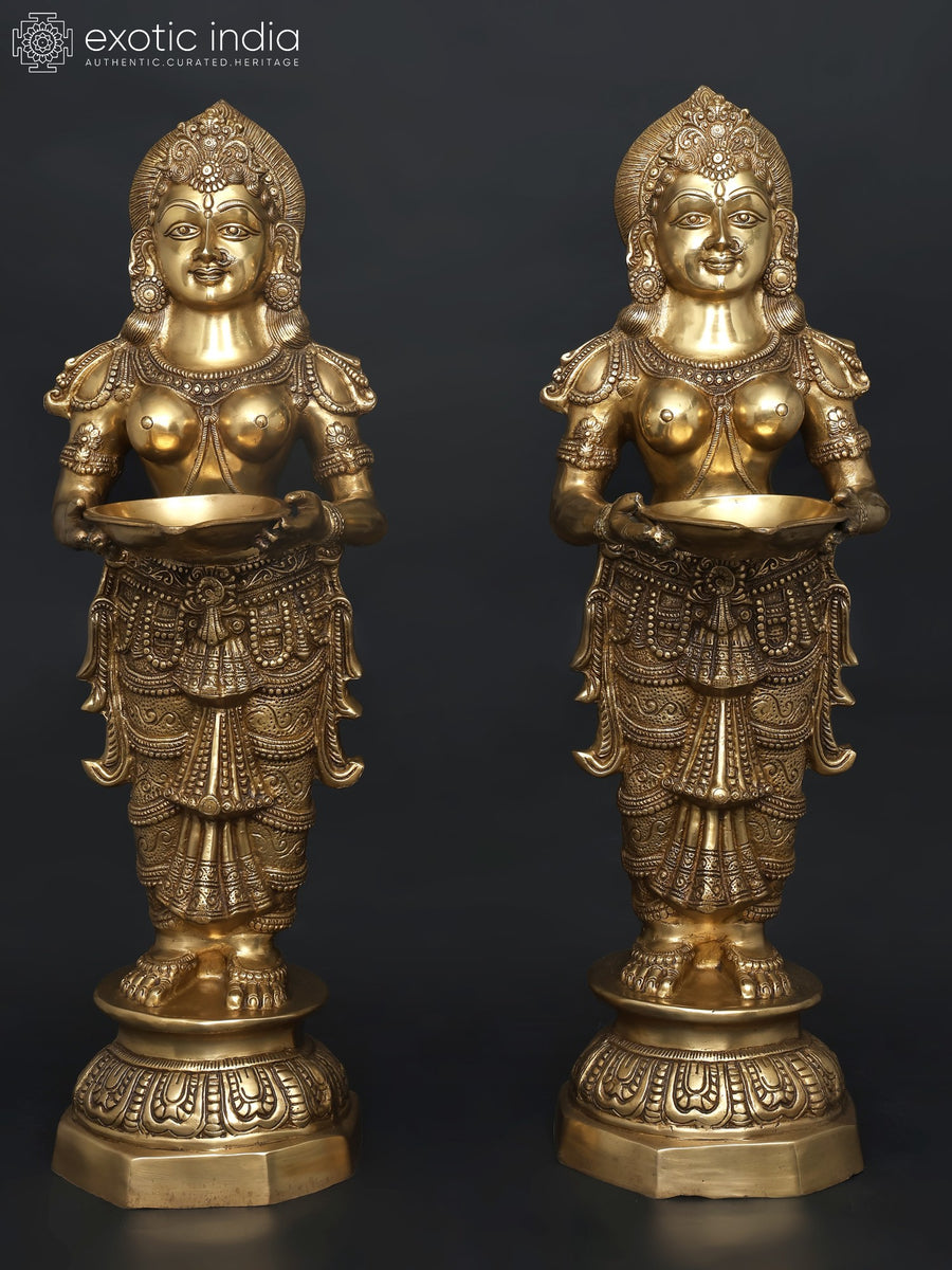 36" Handmade Brass Deeplakshmi Pair Statue for Pooja
