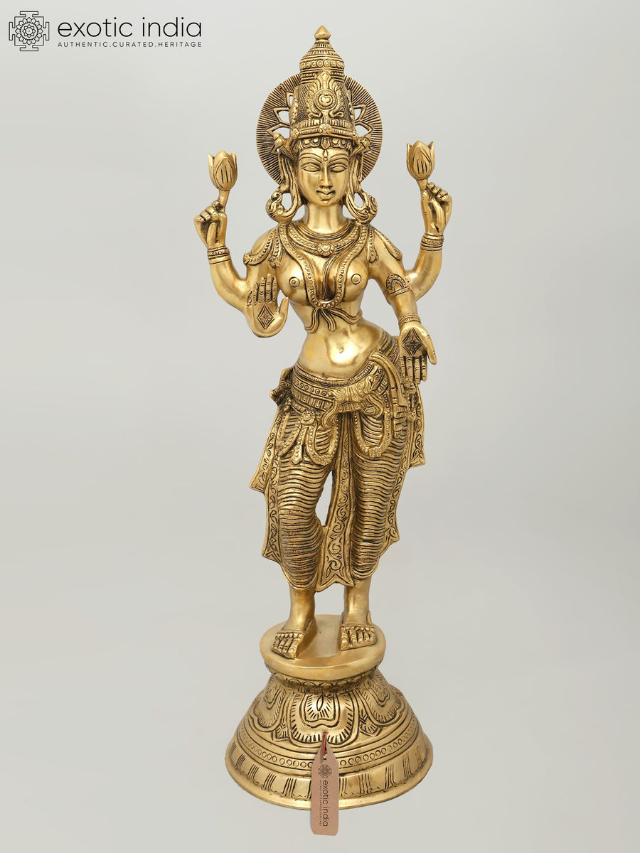 28" Standing Goddess Lakshmi Handmade Brass Statue
