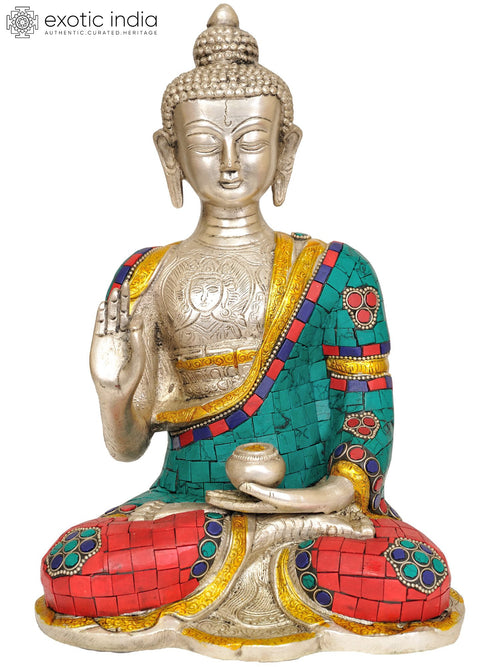 10" Blessing Buddha Inlay Brass Statue Handmade