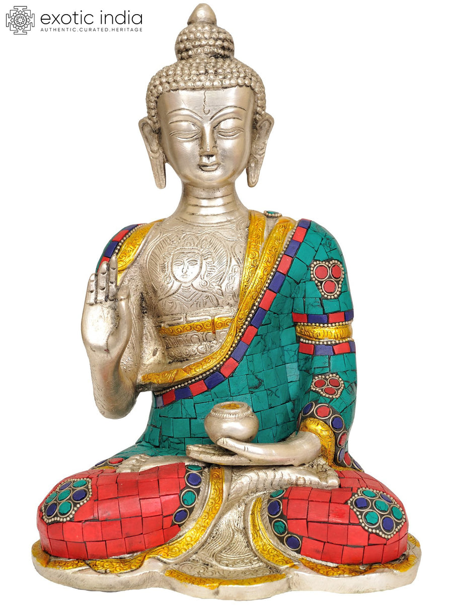 10" Blessing Buddha Inlay Brass Statue Handmade