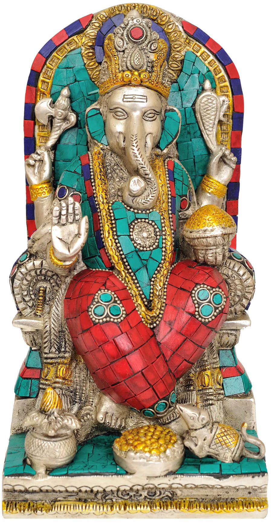 9" Four Armed Ganesha Seated Brass Statue for Pooja