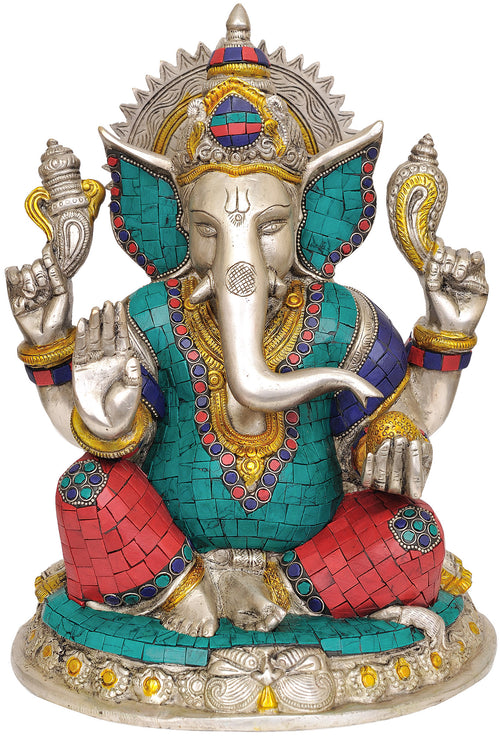 12" Four Armed Ganesha Brass Statue Handmade