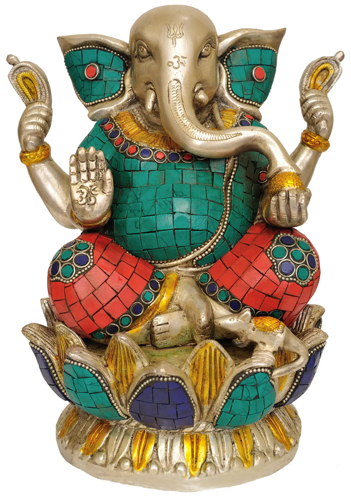 9" Lord Ganesha Seated on Lotus In Brass | Handmade | Made In India