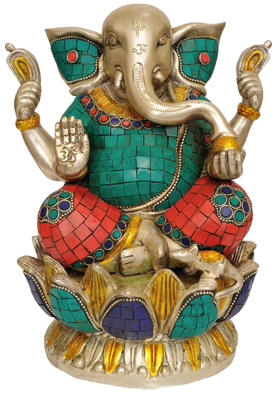 9" Lord Ganesha Seated on Lotus Brass Statue Handmade