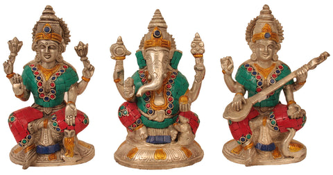 6" Lakshmi Ganesha Saraswati - Set of Three Statues in Brass | Handmade | Made In India