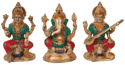 6" Lakshmi Ganesha Saraswati Brass Statue Set Handmade