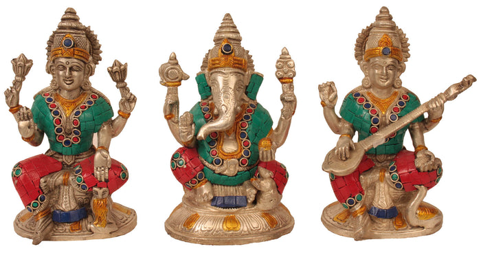 6" Lakshmi Ganesha Saraswati Brass Statue Set Handmade