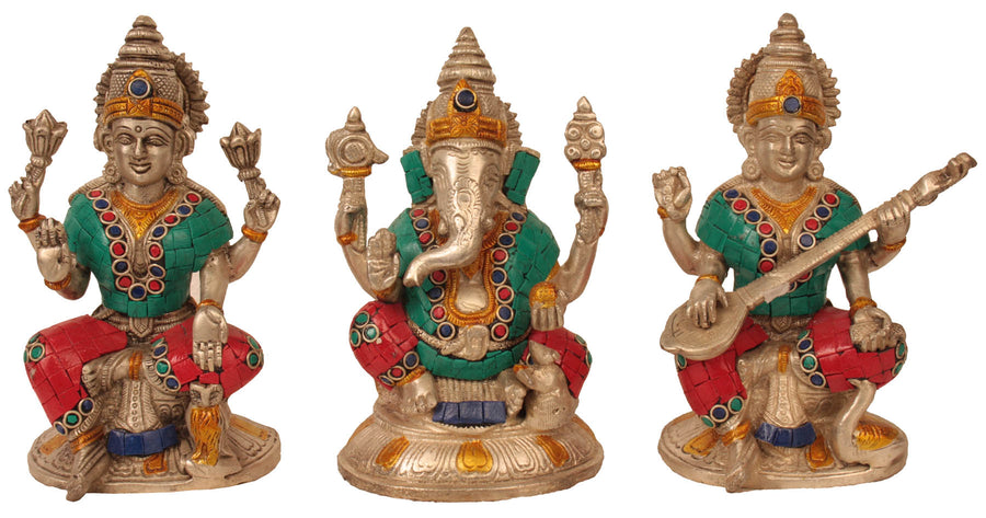 6" Lakshmi Ganesha Saraswati Brass Statue Set Handmade