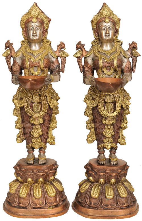 17" Pair of Deepalakshmi Brass Idols Handmade for Home Pooja