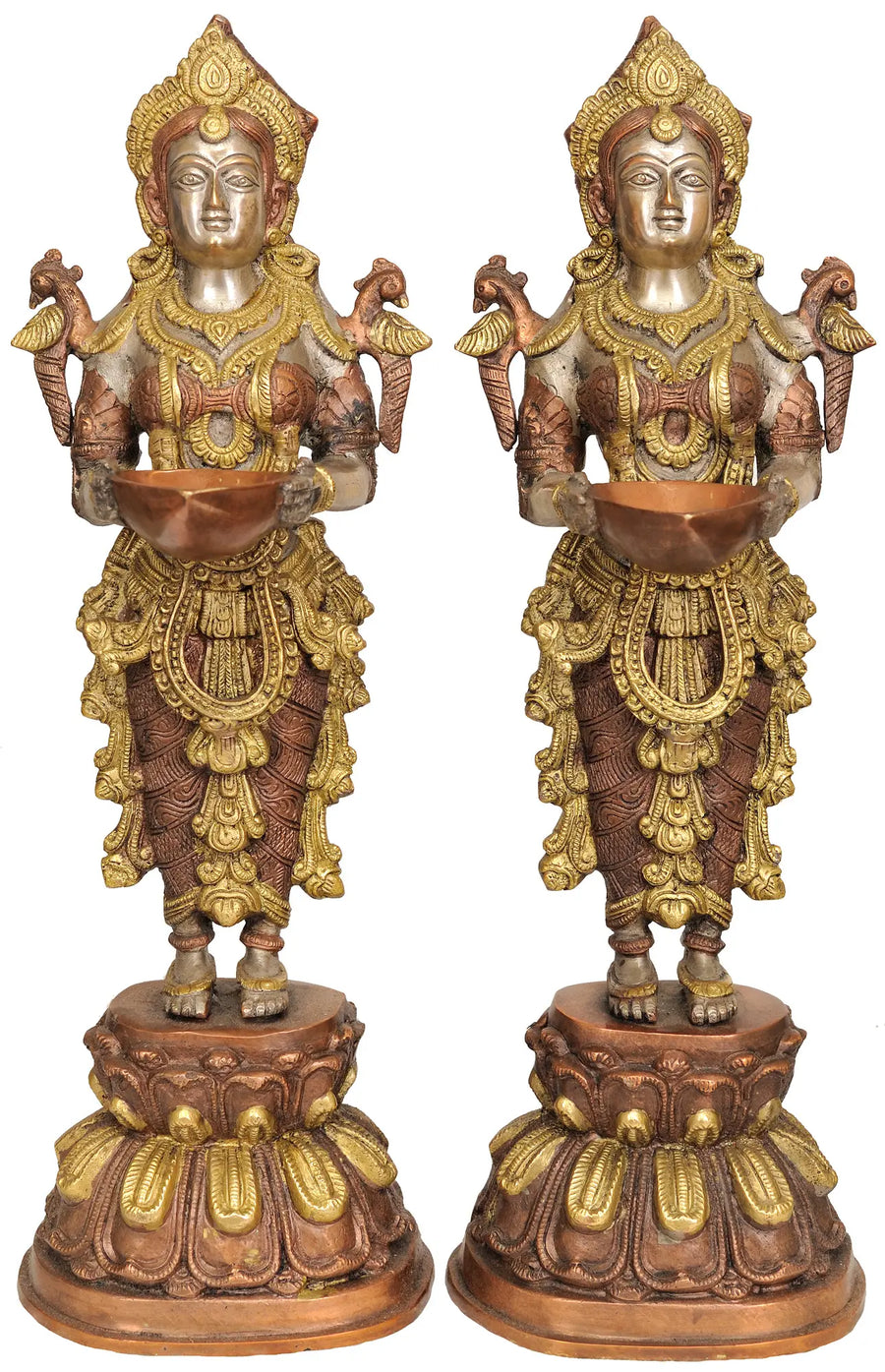 17" Pair of Deepalakshmi Brass Idols Handmade for Home Pooja