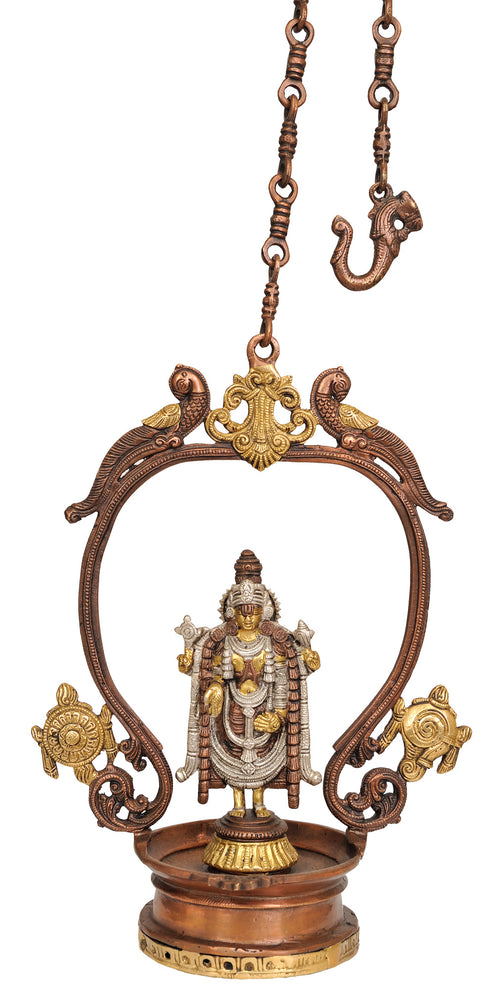 14" Handmade Brass Lord Venkateshvara Balaji Roof Hanging Lamp with Chakra