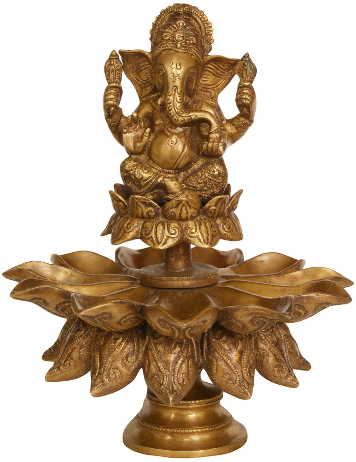 11" Lord Ganesha Brass Idol with Lotus Petal Diyas Handmade