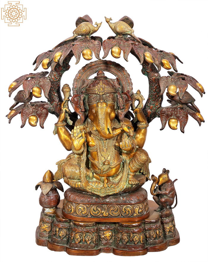 30" Large Size Ganesha Idol in Grove of Mango-Trees | Handmade Brass Murti