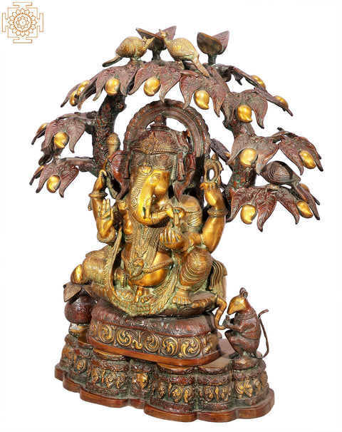 30" Large Size Ganesha Idol in Grove of Mango-Trees | Handmade Brass Murti