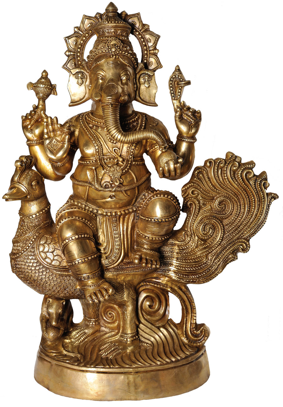 47" Large Mayurasan Vijay Ganapati Handmade Brass Statue