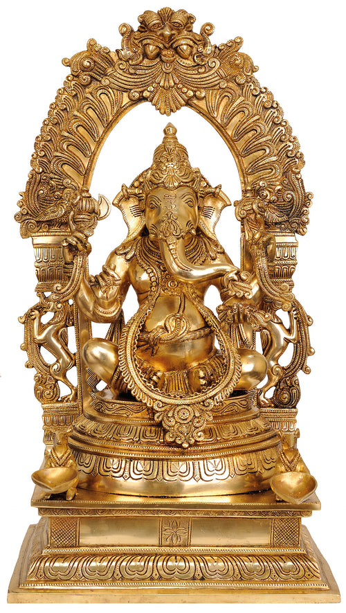 24" Handmade Ganesha Brass Statue with Floral Aureole