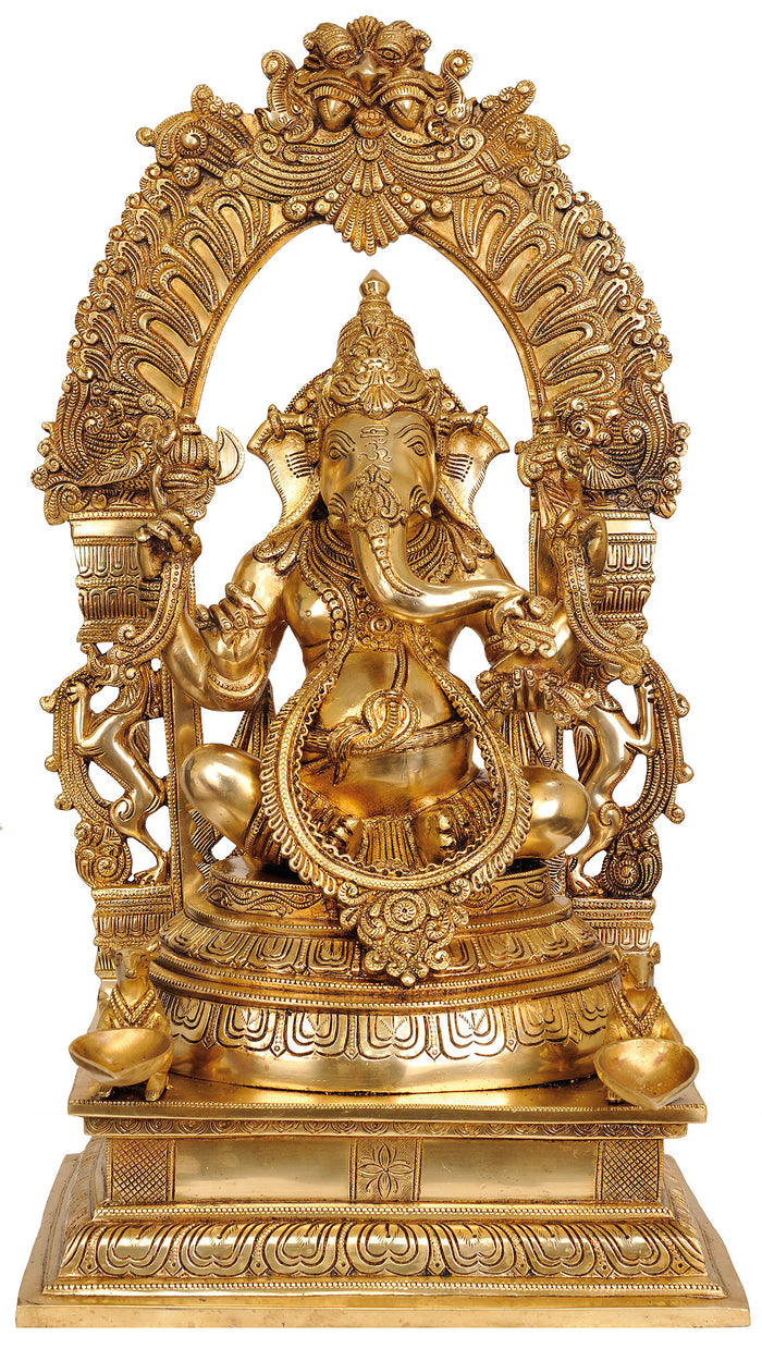 24" Handmade Ganesha Brass Statue with Floral Aureole