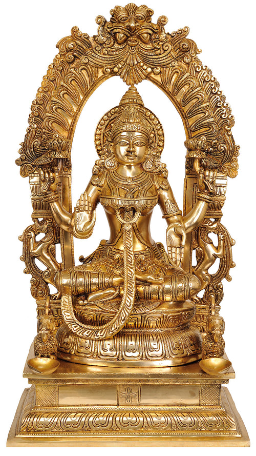24" Goddess Lakshmi Brass Idol with Floral Aureole Handmade
