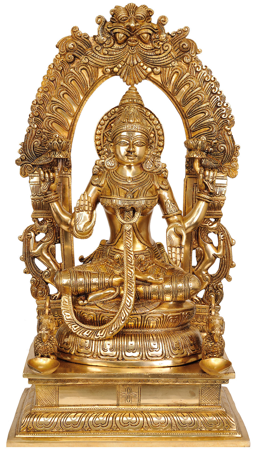24" Goddess Lakshmi Brass Idol with Floral Aureole Handmade