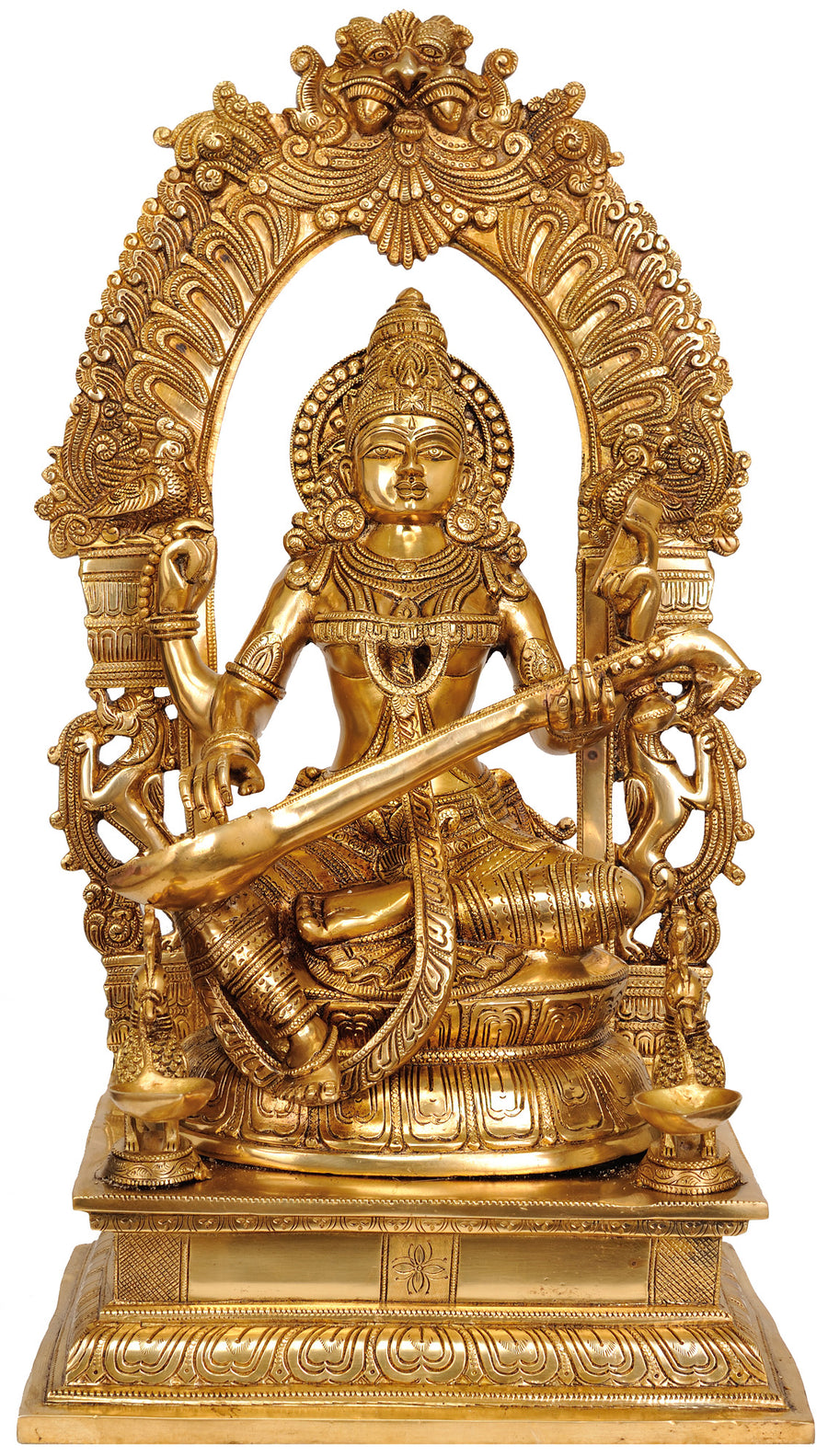 24" Brass Saraswati Veena Idol with Floral Aureole - Handmade