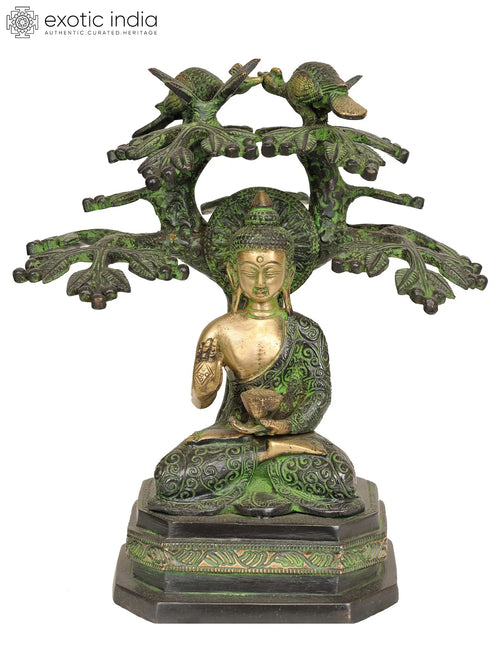 9" Buddha Under Bodhi Tree Brass Statue Handmade
