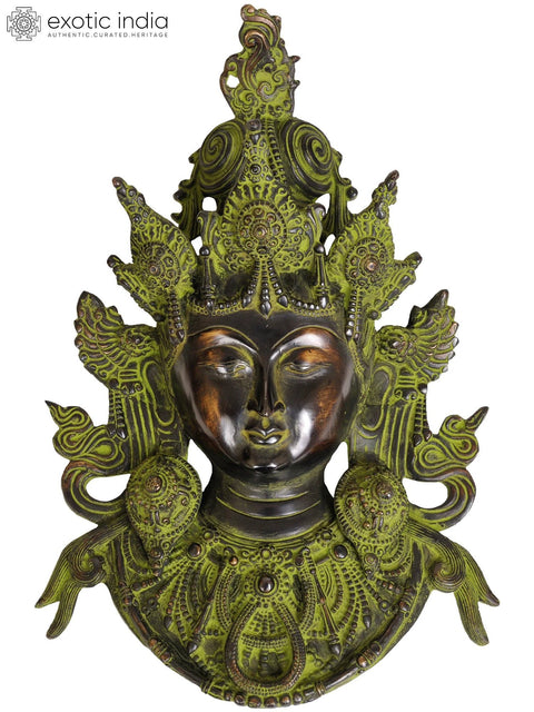 15" Superbly Detailed Green Tara Brass Wall-Hanging Mask | Indian Handcrafted Idol