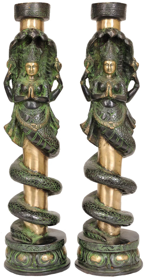 Pair of Naga Kanya Brass Candle Stands
