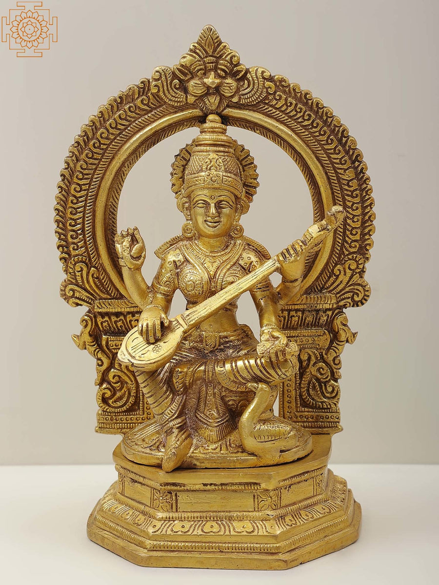 9" Brass Goddess Saraswati Statue Playing Veena for Pooja