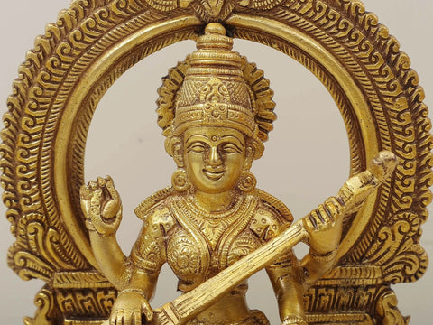 9" Brass Goddess Saraswati Statue Playing Veena