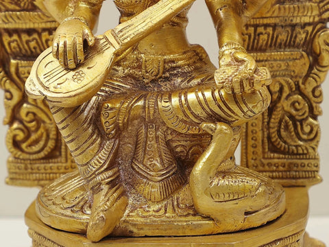 9" Brass Goddess Saraswati Statue Playing Veena