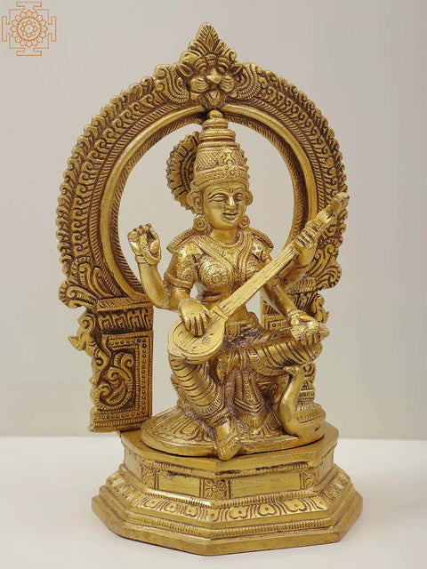 9" Brass Goddess Saraswati Statue Playing Veena