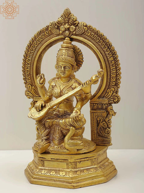 9" Brass Goddess Saraswati Statue Playing Veena