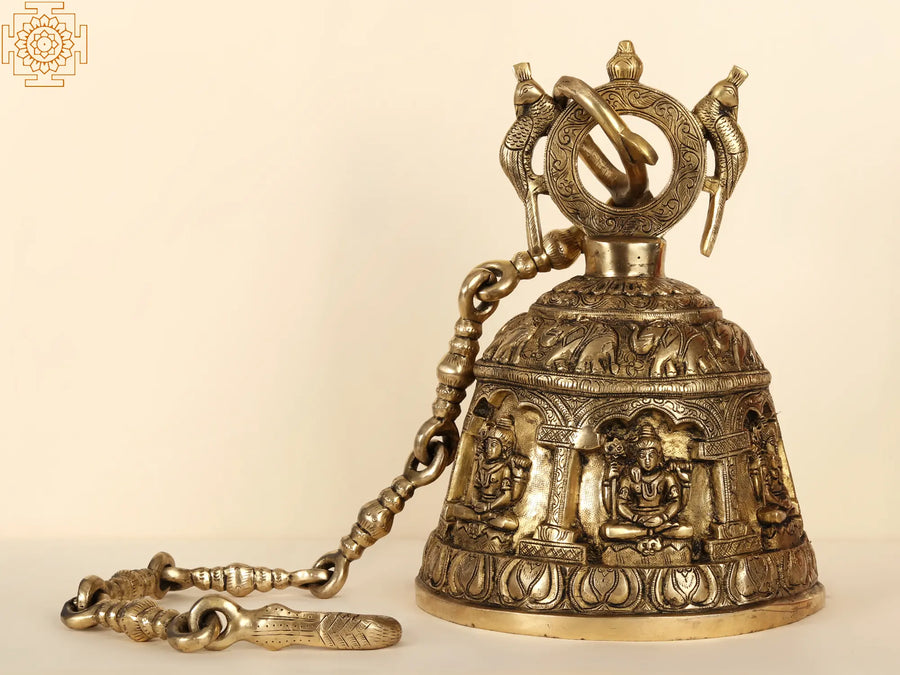 14" Handmade Lord Shiva Temple Hanging Bell in Brass and Silver